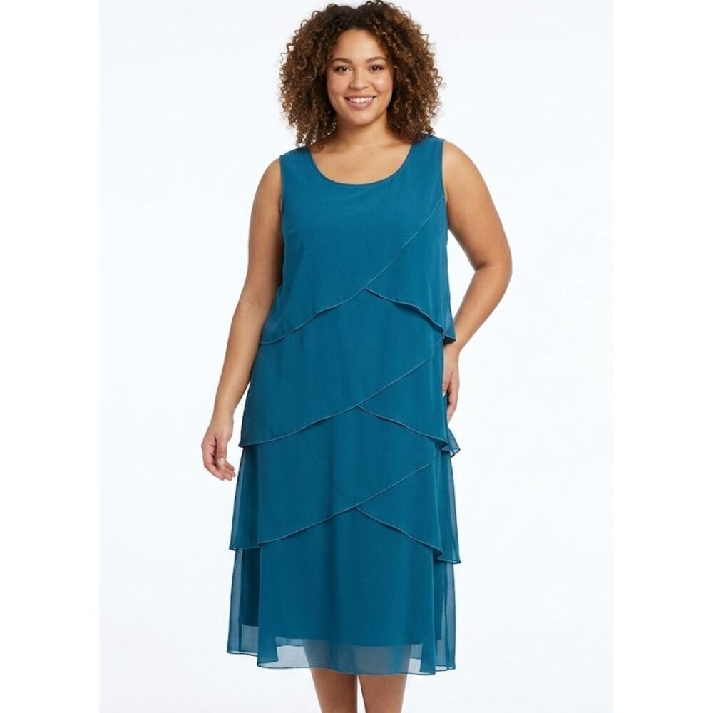 Teal Blue Tiered Asymmetric Chiffon Midi Dress Plus Size 2XL Wedding Guest